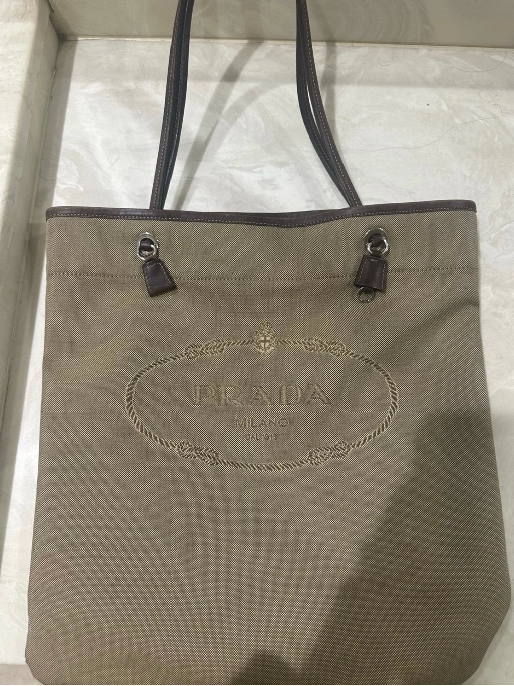 Prada Beige Canvas Tote With Brown Leather Trim